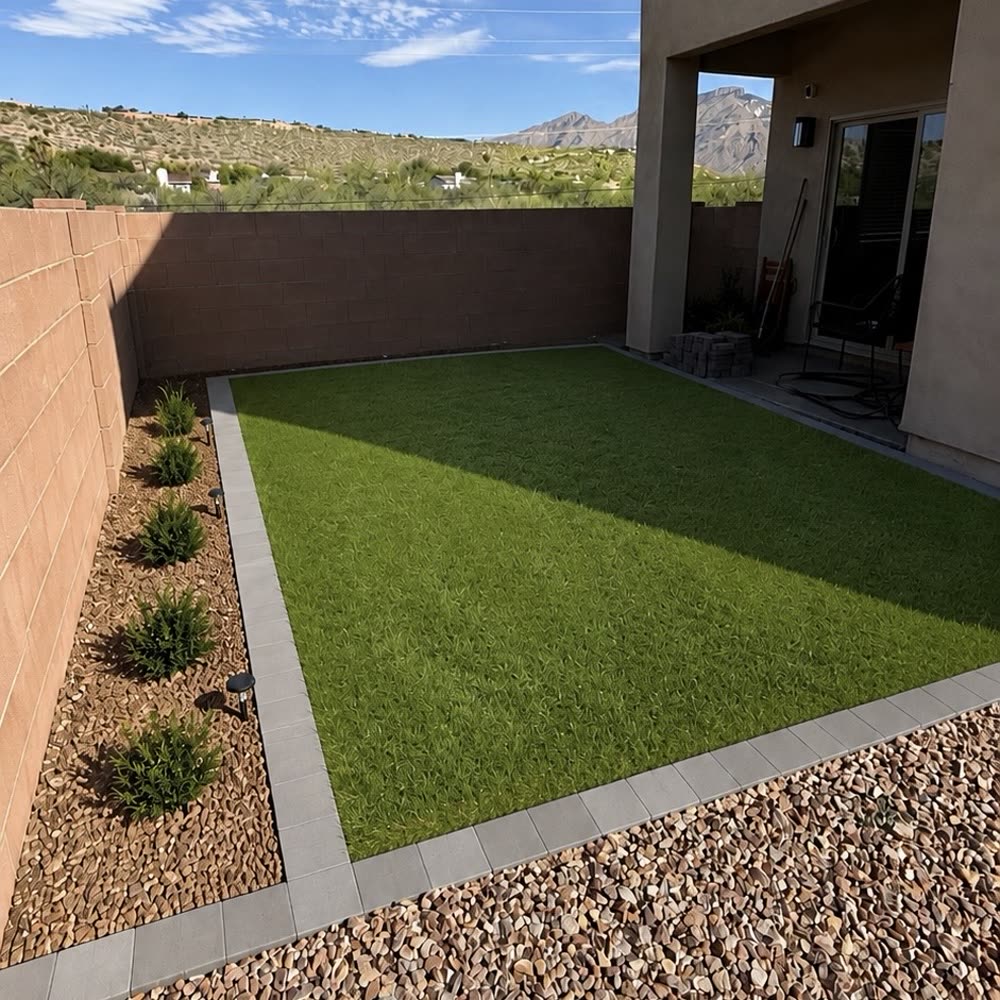 Artificial turf lawn with paver border and landscape lighting in Tucson